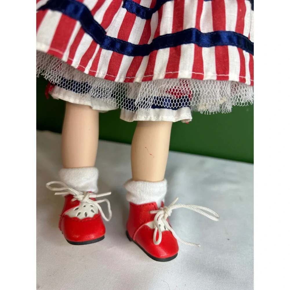 Vintage Porcelain Doll Patriotic USA Americana Red White Blue Auburn Hair 12in